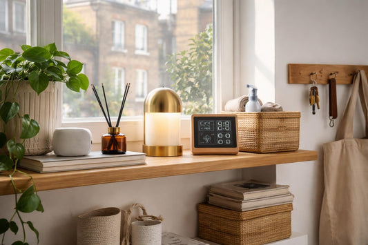 compact London flat interior accessories on shelf