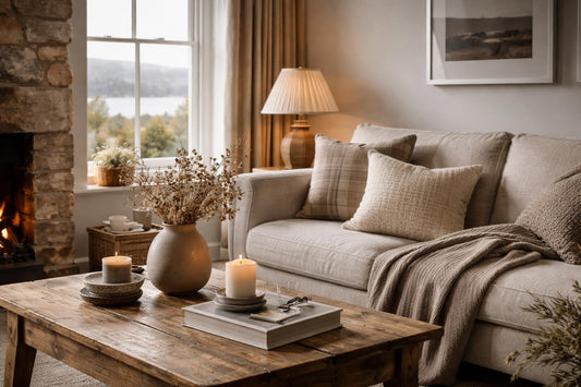 Neutral interior accessories styled on a cosy Scottish living room
