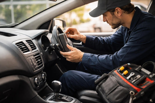 Mechanic inspecting car interior accessories for fixes