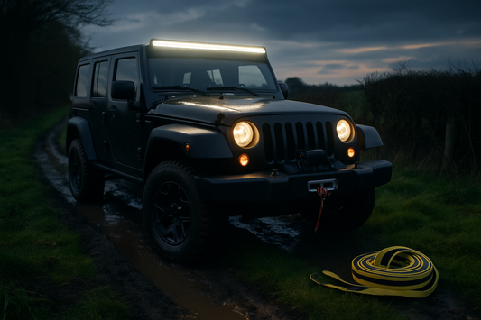 Jeep Wrangler with roof LED light bar and front winch on a UK green lane, PlentyTorque upgrades
