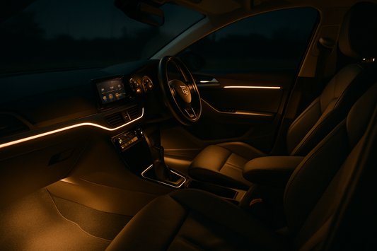 Car cabin at night with soft LED footwell and ambient strip lighting along the dash, PlentyTorque