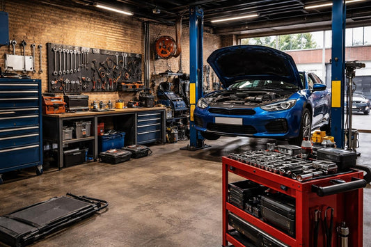 London garage with advanced automotive tools and equipment