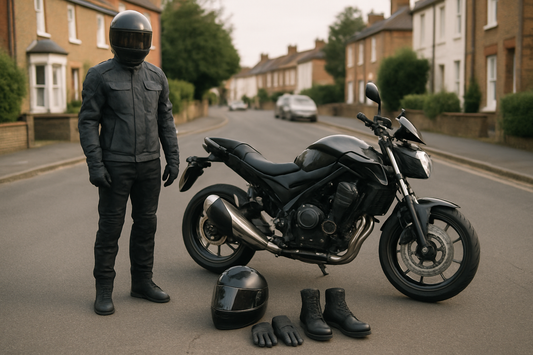 New rider in full-face helmet, armoured jacket, gloves and boots beside a motorbike on a UK street, PlentyTorque