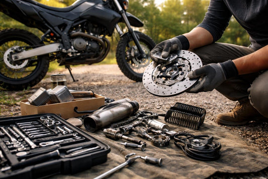 DIYer inspecting motorcycle parts for fit and safety