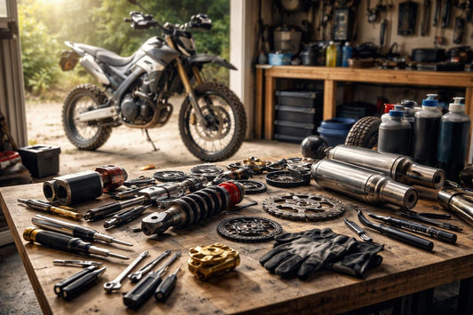 DIY motorcycle parts and tools laid out in garage
