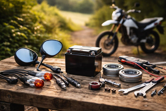 Motorcycle parts selection showing battery mirrors bearings