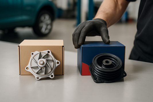 OEM and aftermarket car parts boxes compared on a UK workshop bench from PlentyTorque