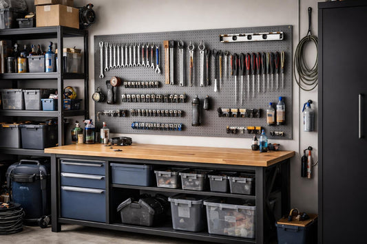 Neatly organised garage tools on wall and shelves