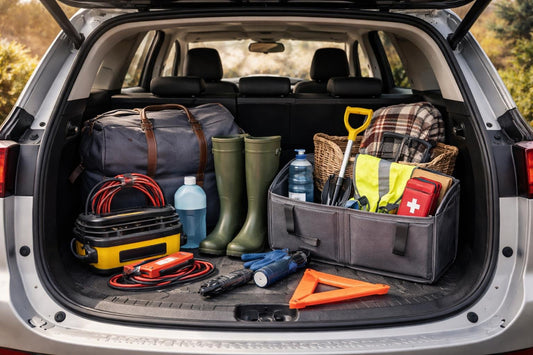 Organised car boot with seasonal essentials for UK driving