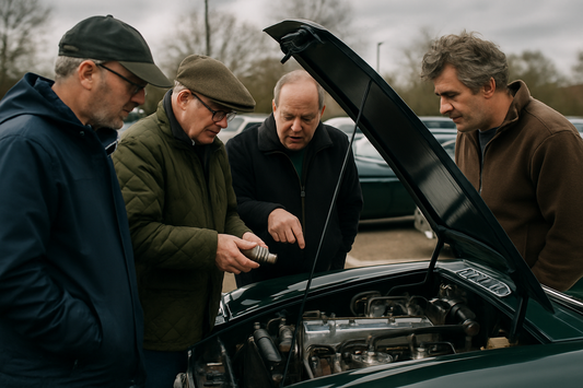 UK owners' club members comparing a car part at a classic car meet, sourcing help from PlentyTorque