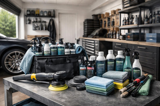 DIY car detailing kit and tools in garage