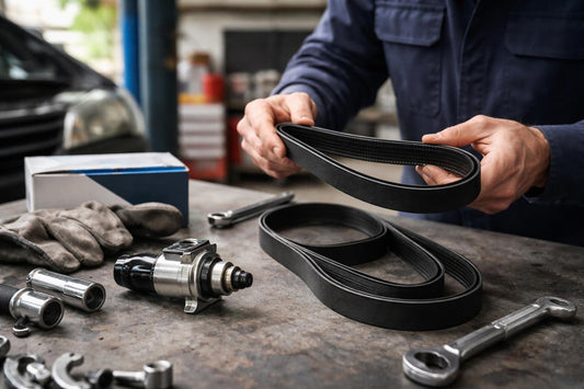 mechanic inspecting replacement car parts and belt