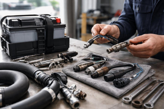 Mechanic comparing automotive replacement parts and hoses