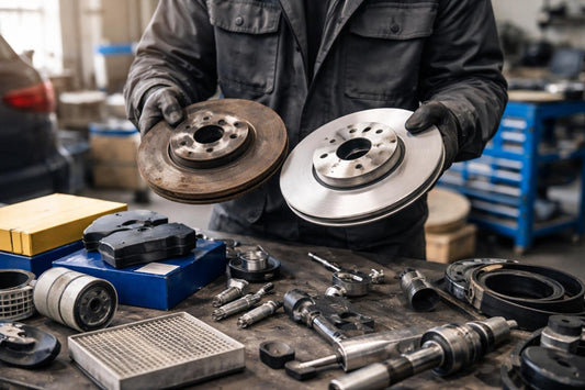 Mechanic comparing replacement parts for fit and compatibility
