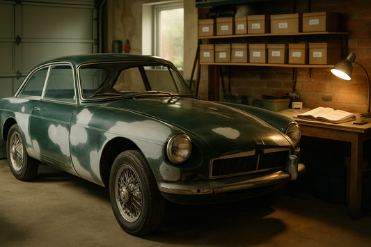 Classic car mid-restoration in a UK home garage with labelled parts boxes, budget sourcing with PlentyTorque
