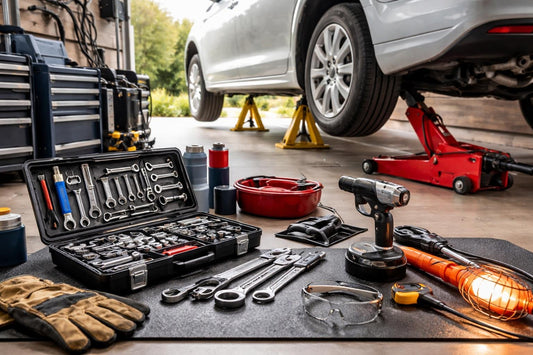 DIY car maintenance tools laid out safely in garage