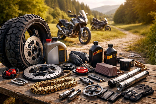 Season-ready motorcycle and powersports parts laid out neatly