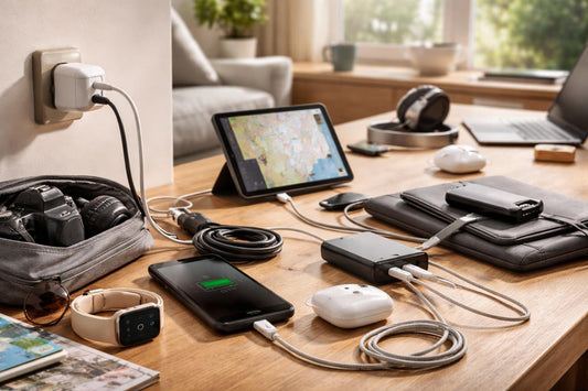 Travel and home electronics accessories laid out for seasonal use