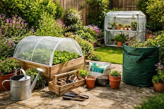 Small spring garden with essential seasonal tools and covers