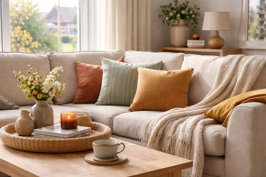 Seasonal interior accessories styled on a cosy UK sofa