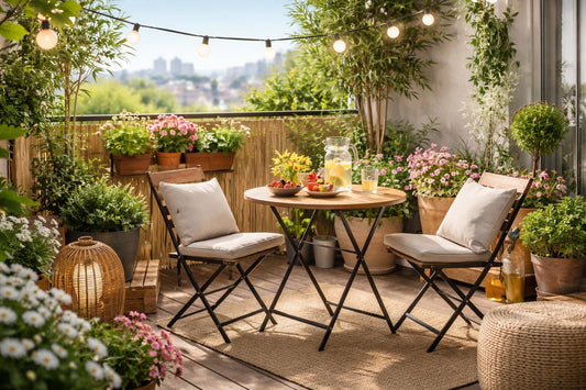 Spring balcony essentials staged with furniture and plants