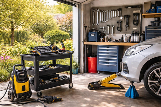 Spring UK garage setup with essential automotive tools