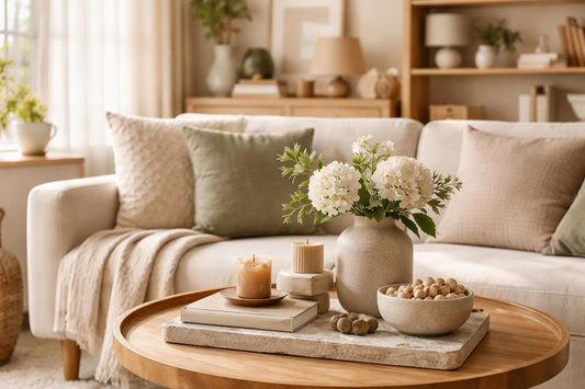 Styled living room interior accessories on tray and shelf