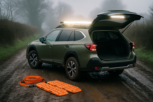 Green Subaru Outback on a UK lane with LED light bar and recovery gear from PlentyTorque