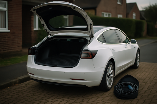 White Tesla Model 3 on a UK driveway with all-weather boot liner and charging cable from PlentyTorque