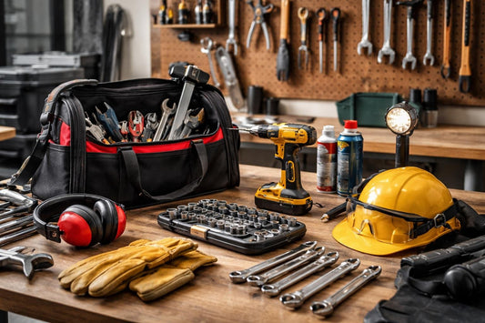 DIY garage toolkit with tools and safety gear