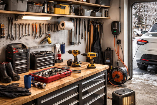 Organised garage with winter-ready tools and EV charger