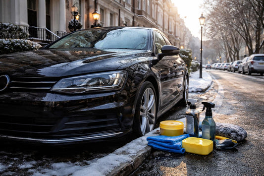 Car waxed and protected on a London street in winter