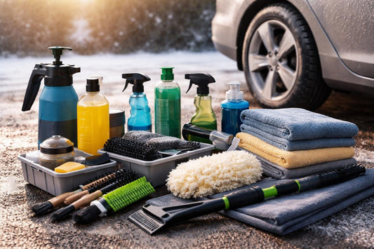 Budget winter car detailing kit with towels and brushes