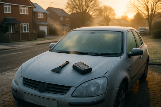 Frosty car on a UK driveway with ice scraper and jump starter ready for winter, PlentyTorque