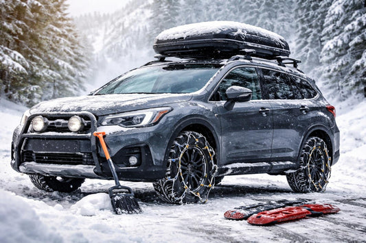 Car with winter exterior accessories and snow