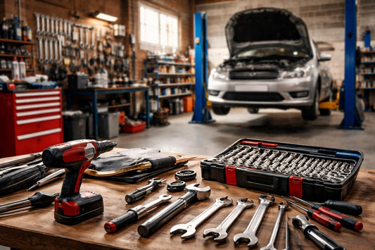 UK garage with automotive tools and workshop equipment