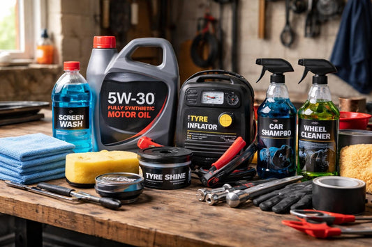 Budget-friendly automotive products laid out for car maintenance