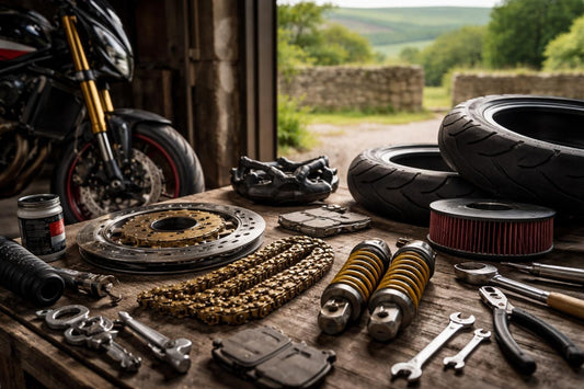 Motorcycle parts laid out for servicing in Yorkshire garage
