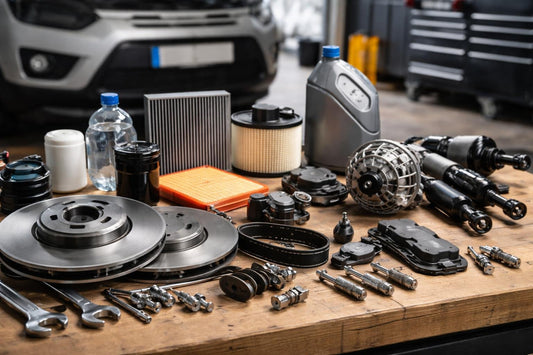 Car and van replacement parts laid out for servicing