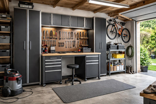 Organised UK garage with tools and modular storage