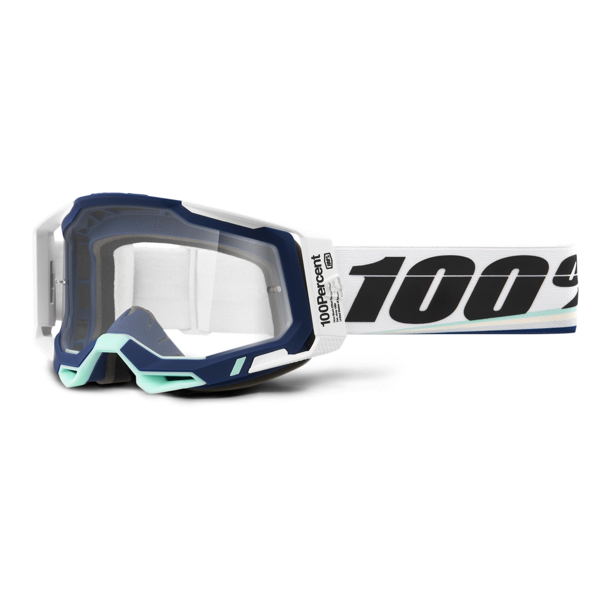 100% Racecraft 2 goggles front view with clear lens for MTB and MX visibility.