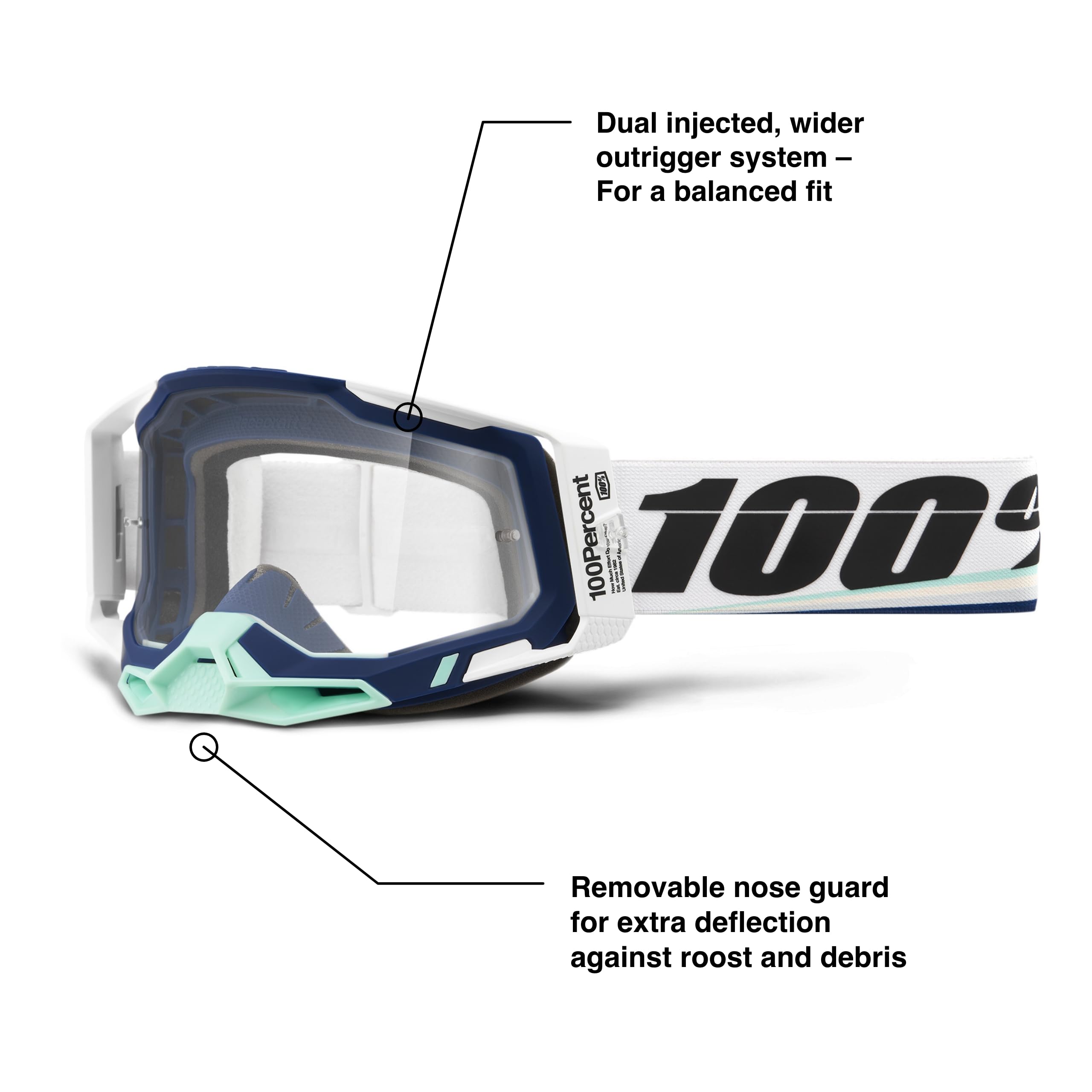 100% Racecraft 2 goggles side view showing balanced fit on rough trails.