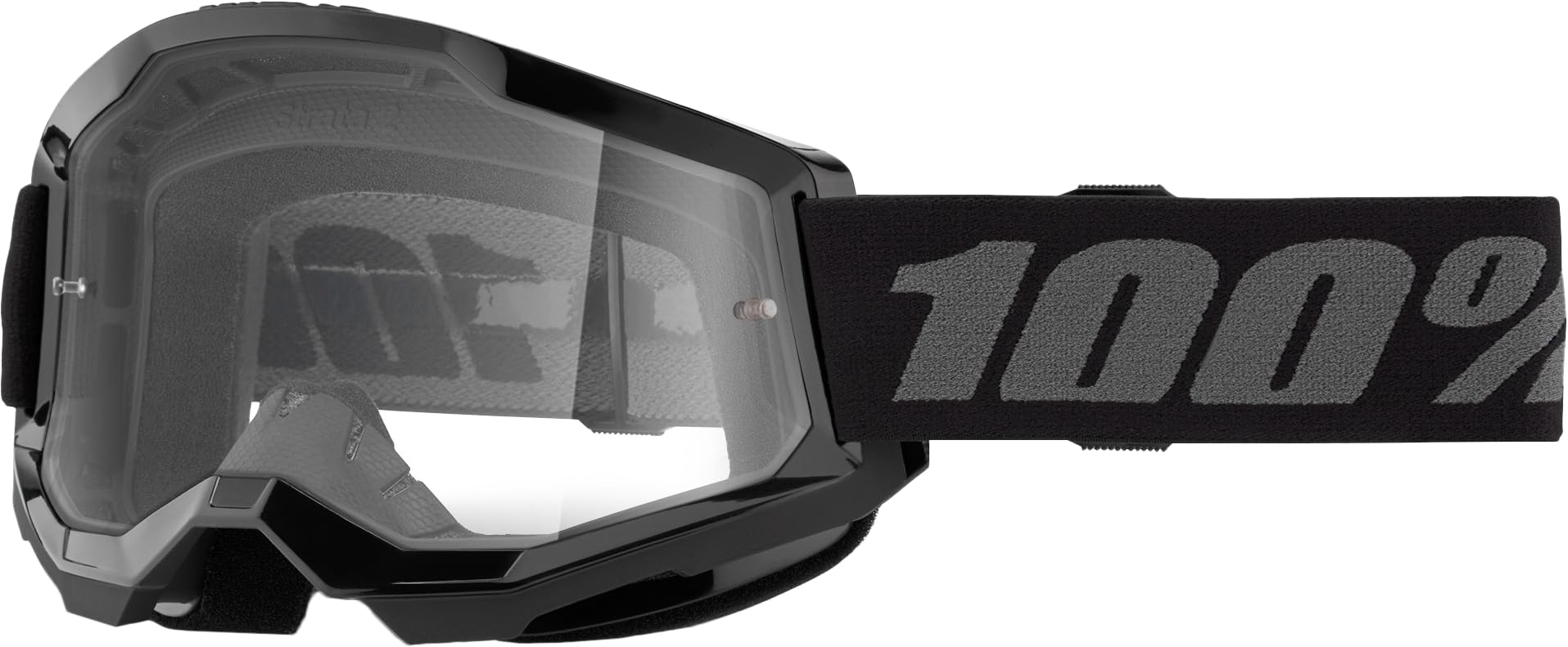 100% Strata 2 goggle with black frame and clear lens, ideal for trail rides and helmet compatibility.