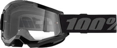 100% Strata 2 goggle with black frame and clear lens, ideal for trail rides and helmet compatibility.
