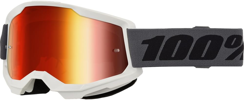 100% Strata 2 goggle with grey frame and red mirror lens for clear, glare-free rides.