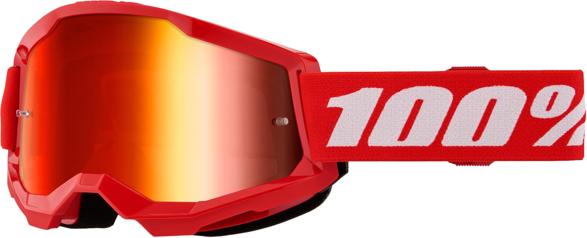 100% Strata 2 goggles with OSFM fit and mirror red lens for wide view and reduced glare