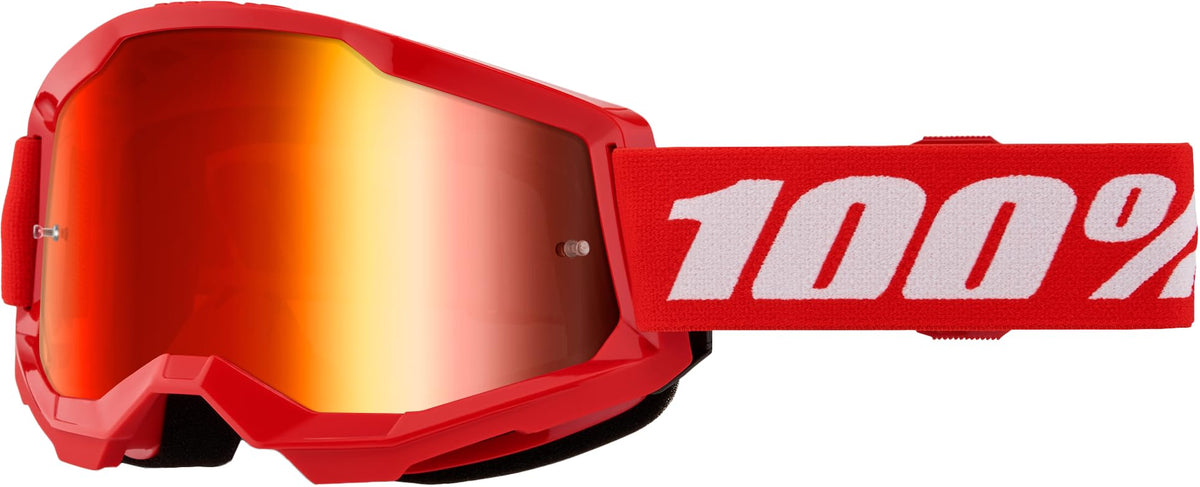 100% Strata 2 goggles with OSFM fit and mirror red lens for wide view and reduced glare