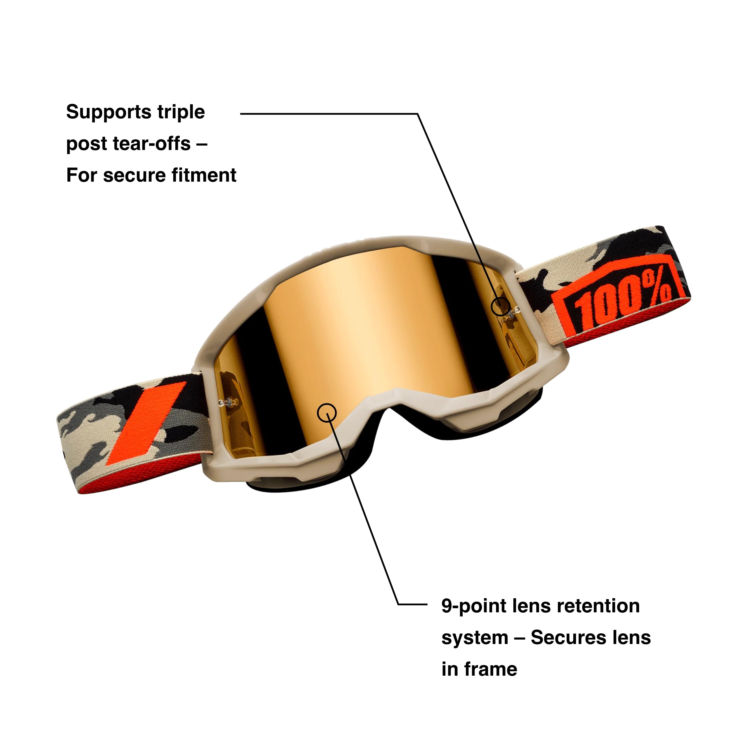 100% Strata 2 goggle side view showing secure strap and black frame