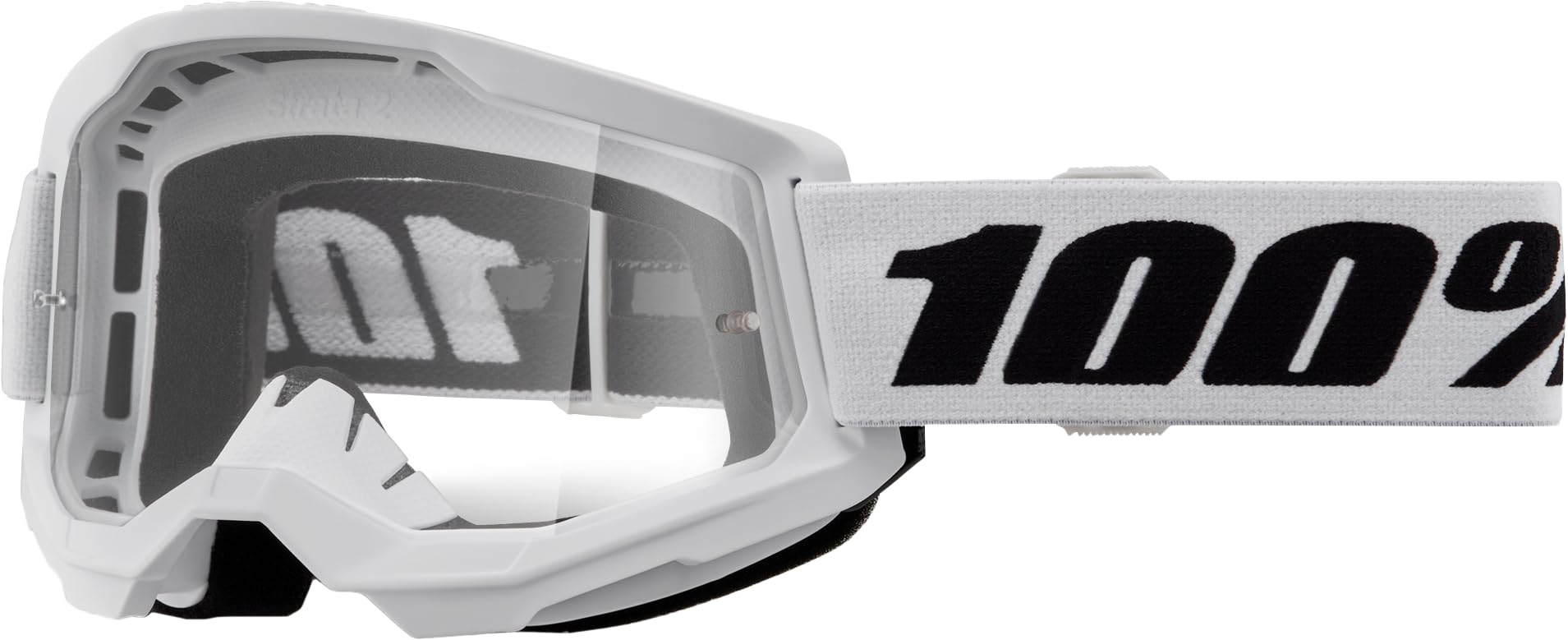 100% Strata 2 goggle in white with clear lens, enhanced fit and wide field of view