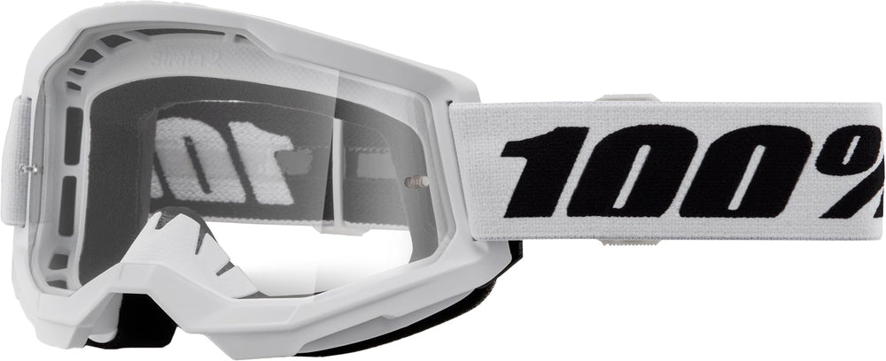 100% Strata 2 goggle in white with clear lens, enhanced fit and wide field of view